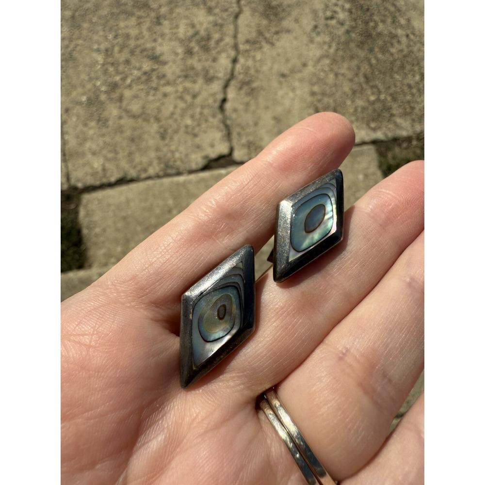 Vintage Sterling Cufflinks 925 Silver Abalone‎ Diamond Shape
